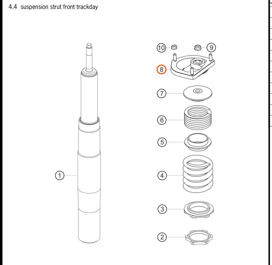 991.343.015.8A — Suspension support bearing, front LH (strut top mount) — exploded diagram (PA10 0458 Cayman GT4 Clubsport MY2019 2020 Parts-Manual p66) — fitment reference only — position highlighted