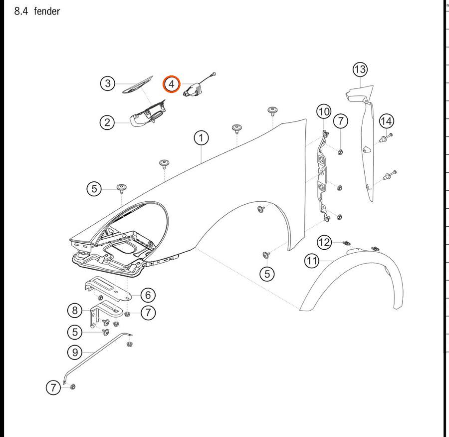 991.504.414.03 — Setting element, gas door (fuel filler) — exploded diagram (PA10 0353 911 GT3 Cup MY2018 2019 Parts-Catalog p119) — fitment reference only — position highlighted